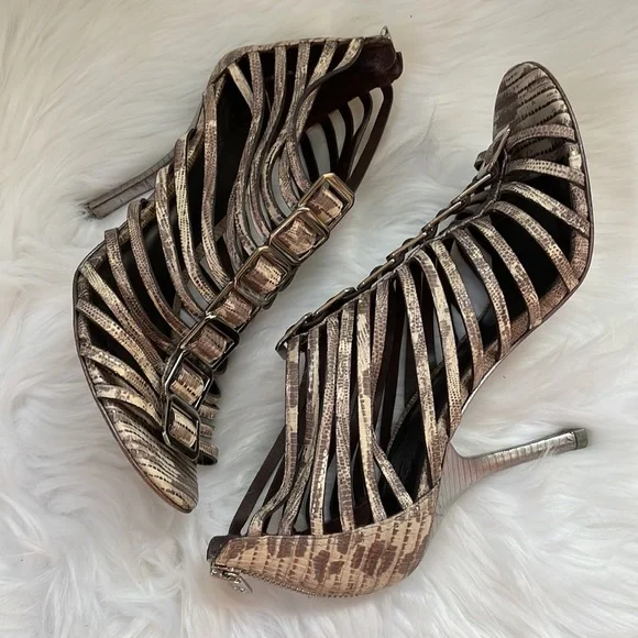 Tory Burch gladiator snake print caged heeled sandals EUC size 9 - Picture 6 of 11